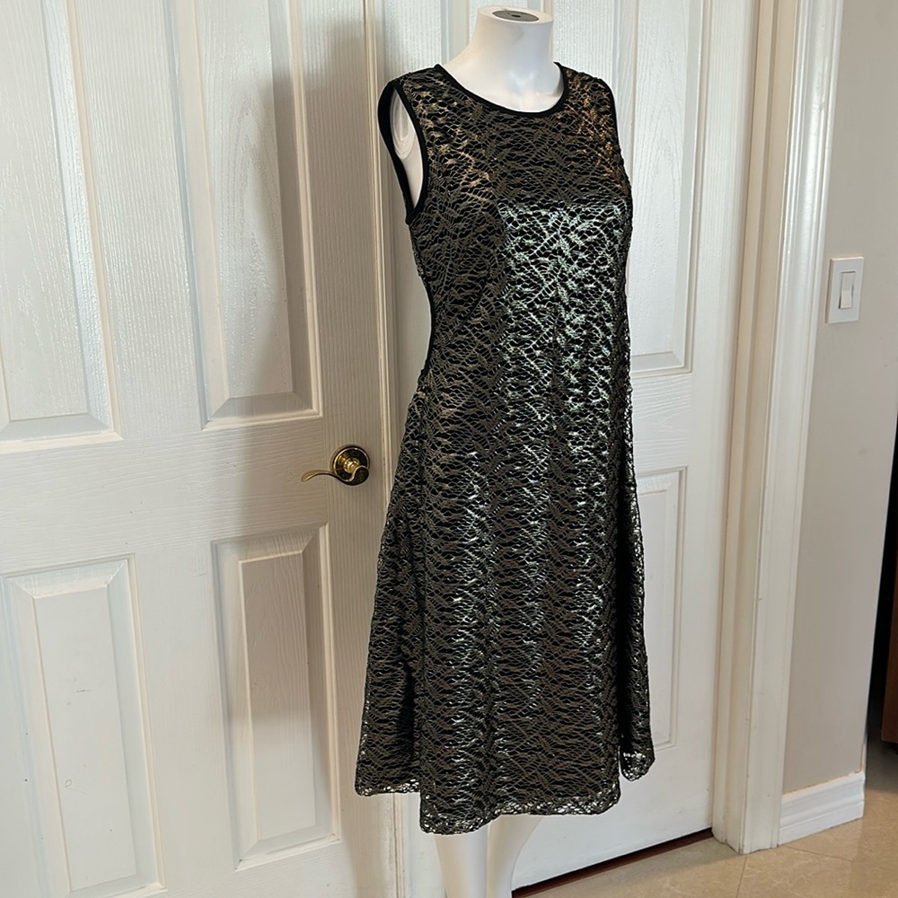 Anne Klein size 4 black midi dress with gold silver overlay